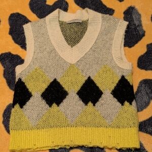 All Saints Cream and Yellow Argyle Sweater Vest